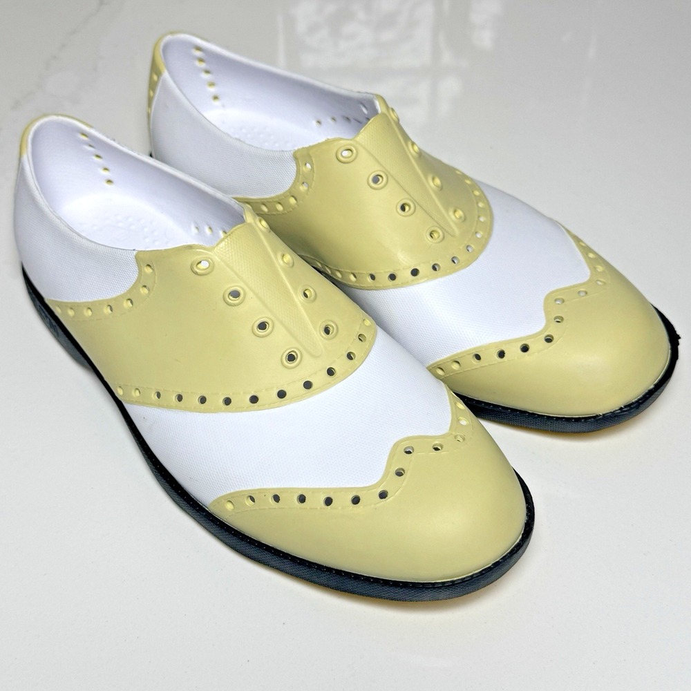 Biion Rubber‎ Spikeless Wing Tip Golf Shoes Womens 7 Mens 5 White Yellow Slip On